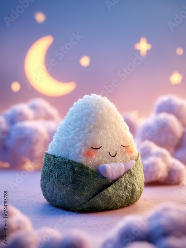 Adorable Onigiri Character Sleeping Peacefully Under a Crescent Moon with Dreamy Clouds and Stars in a Serene Night Sky