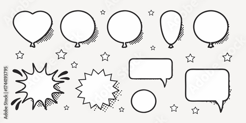 Vector collection of outline balloons, speech bubbles, and stars in a black and white comic book style design