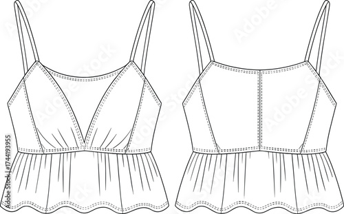 Technical fashion sketch, peplum camisole top, sleeveless design, V-neck, ruched bodice, garment construction, pattern making, apparel design template