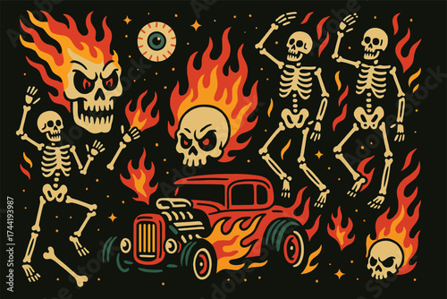 Vintage Halloween Hot Rod Skeletons and Flaming Skulls Illustration – Retro Fire Art design , halloween illustration 