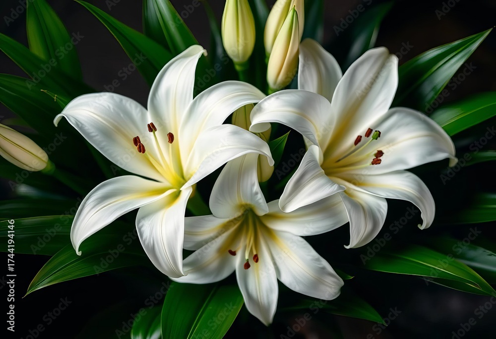 Fototapeta premium Elegant bouquet of pristine white lilies, lush green leaves, leaves, green