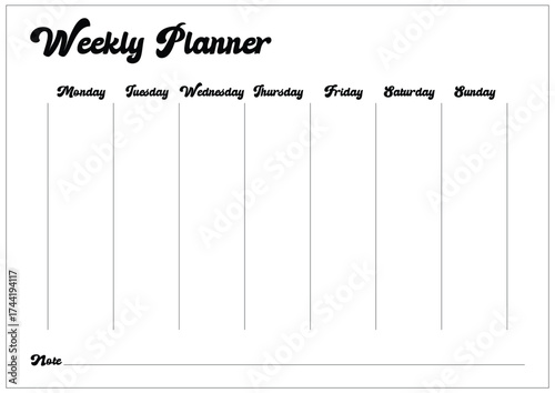 Weekly planner for organized production schedule, clean and simple task list document.