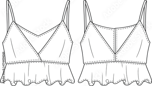 Technical fashion sketch, sleeveless peplum top, spaghetti straps, V-neck, wrap bodice, garment construction, pattern making, apparel design template