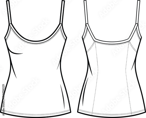 Women’s camisole top technical sketch, front views, scoop neckline, square neckline, seam details, fashion design, pattern-making, merch-ready