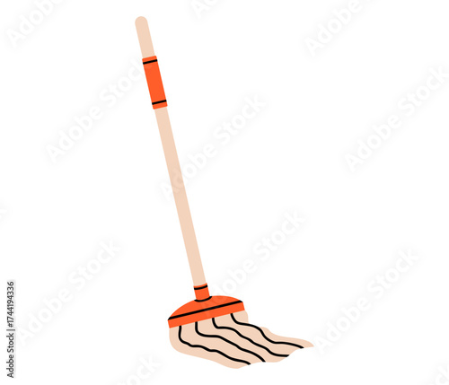 Hand drawn cute illustration of floor mop. Flat vector housework handle tool doodle. Washing or cleaning swab icon. Spring cleanup. Hygiene housekeeping sticker. Isolated.