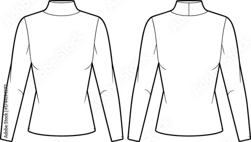 Women’s turtleneck top technical sketch, front and back views, long sleeves, fitted silhouette, seam details, fashion design, merch-ready