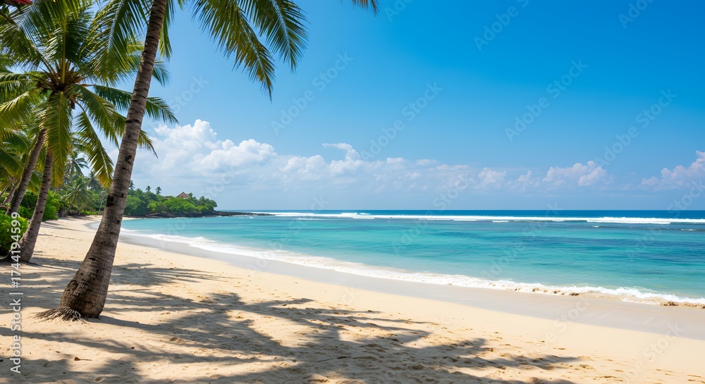 Obraz premium Idyllic seashore view with palm trees, soft white sand, and calm turquoise water under a sunny sky
