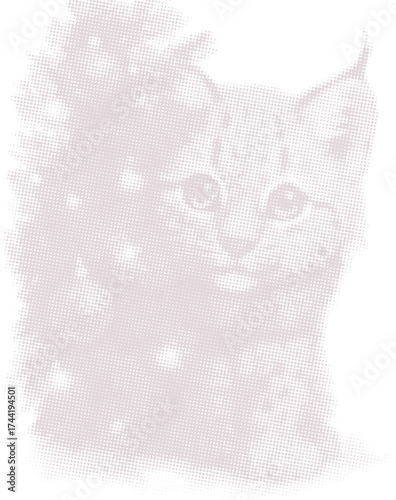 Adorable lynx cub hiding behind a festive Christmas tree. Charming wildlife illustration in a vintage halftone dot pattern style, perfect for holiday designs.