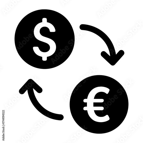 Currency exchange symbols: dollar and euro with arrows indicating conversion