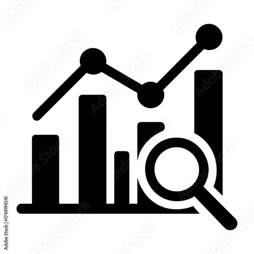 Black and white business growth chart with magnifying glass icon