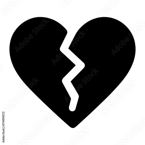 Black and white broken heart icon symbolizing heartbreak and sadness