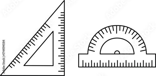 Black outline set square and protractor with measurement markings ruler measuring tool