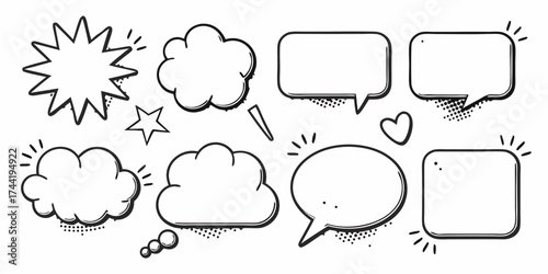 Vector illustration of various speech bubbles and thought clouds with halftone shading and star shapes around them