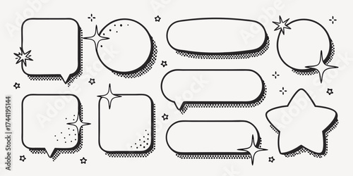 Vector illustration of various speech bubbles and stars with halftone shading on a light background design element