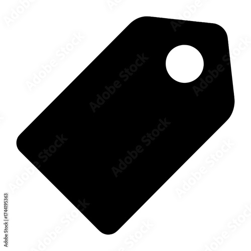 Minimalist black price tag icon with circular hole on white background