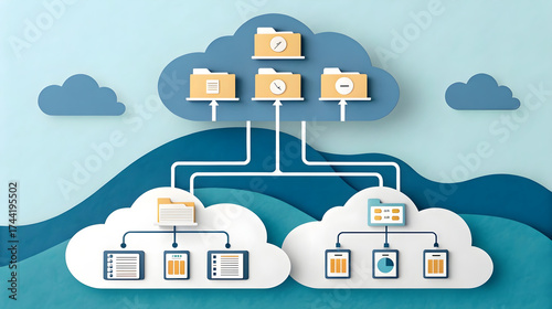 Cloud file storage system, data synchronization and document backup concept, paper cut style network illustration, used for cloud computing, data sharing, digital collaboration, online services