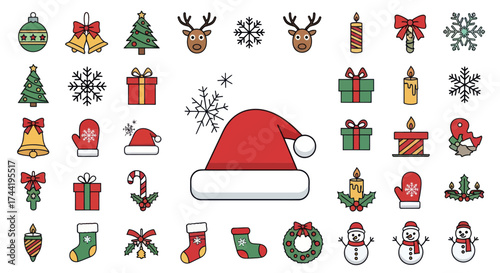 Vibrant Christmas Holiday Icons Collection: Featuring Ornaments, Trees, Bells, Reindeer, Snowflakes, Gifts, Mittens, Santa Hat, Candy Cane, Stockings & Holly, Isolated on White Background, Flat