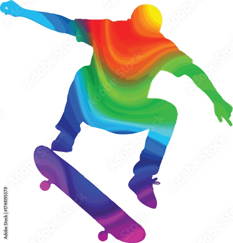 Vibrant skateboarder silhouette soaring through the air with rainbow colors, perfect for energetic designs and youth-focused campaigns, add a splash of fun now