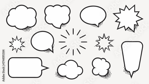Vector illustration of assorted speech bubbles with halftone shading and various shapes on a white background design
