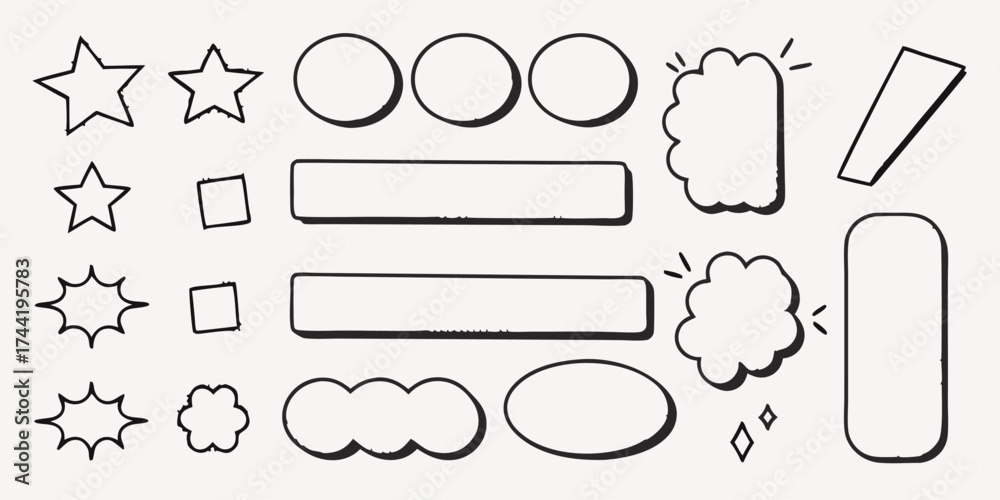 Obraz premium Vector illustration of various hand drawn shapes including stars circles squares and speech bubbles arranged neatly