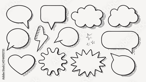 Vector collection of comic style speech bubbles clouds heart lightning and stars with halftone shading effect