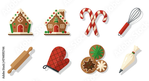 Flat illustration of Christmas baking items including two gingerbread houses, a rolling pin, and an oven mitt on a white background, perfect for holiday themes., Flat Vector Elements, Vector
