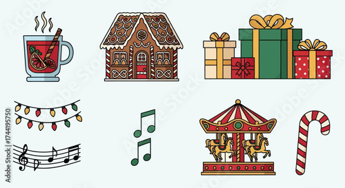 Colorful Christmas and Winter Holiday Icon Collection: Mulled Wine, Gingerbread House, String Lights, and Music Notes Flat Illustration, Flat Vector Elements, Vector Illustration, Simple Vector,