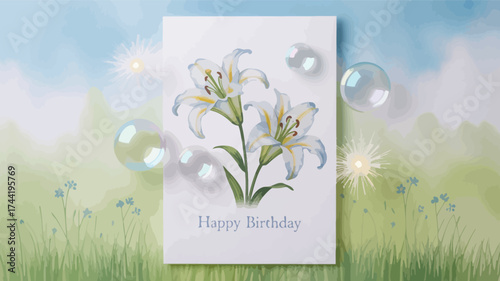 A visually appealing and serene birthday greeting card design featuring elegant floral elements and festive typography perfect for invitations and celebratory messages isolated on white background