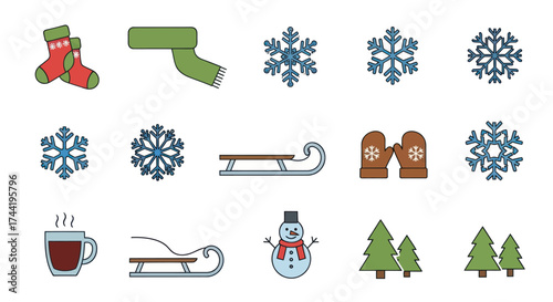 Winter Holiday Flat Icons Set: Festive Socks, Warm Scarf, Snowflakes, Hot Mug, and Sled Illustrations for Seasonal Graphics, Flat Vector Elements, Vector Illustration, Simple Vector, Stylized Vector