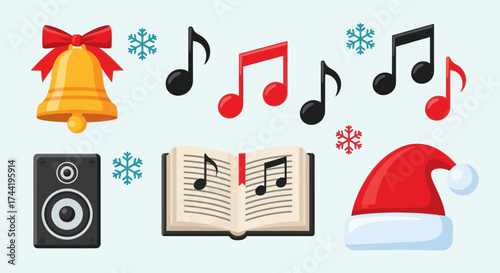Festive Christmas and Winter Music Elements on a Light Blue Background, Flat Vector Elements, Vector Illustration, Simple Vector, Stylized Vector Drawing, Vector Template, Clean Vector Style,