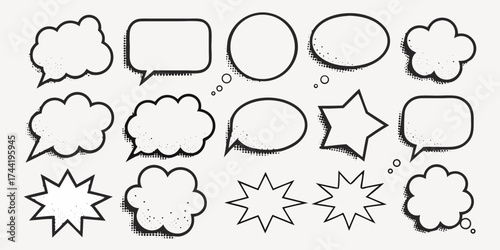 Vector collection of comic speech bubbles and thought balloons in various shapes with halftone shading effect