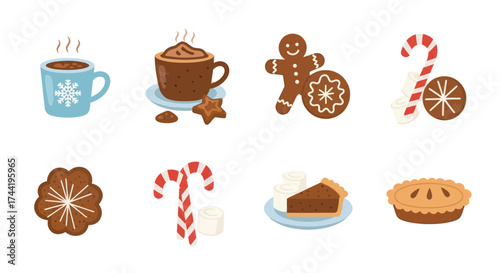 Cozy Winter Drinks and Festive Holiday Treats Collection on White Background, Flat Vector Elements, Vector Illustration, Simple Vector, Stylized Vector Drawing, Vector Template, Clean Vector Style,