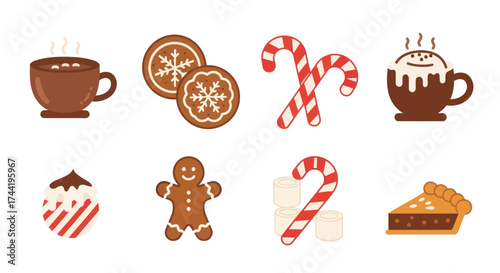 Cozy Christmas Treats & Hot Chocolate: Festive Gingerbread , Cookies, Peppermint Dessert, and Steaming Cocoa Mug Illustration., Flat Vector Elements, Vector Illustration, Simple Vector, Stylized