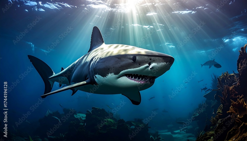 Naklejka premium Great White Shark Swimming in Blue Ocean with Sun Rays.