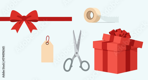 Red Ribbon Bow with Blank Gift Tag on Light Blue Background, Flat Vector Elements, Vector Illustration, Simple Vector, Stylized Vector Drawing, Vector Template, Clean Vector Style, Minimalist Vector