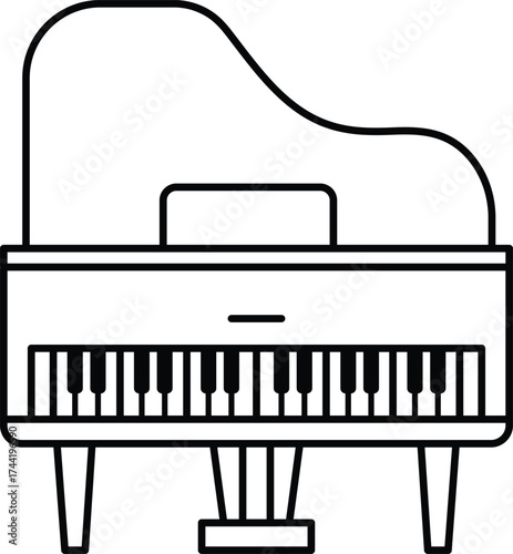 Black outline drawing of a grand piano with white keys musical instrument keyboard