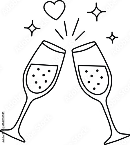Two champagne glasses clinking with bubbles heart and sparkles toast celebration