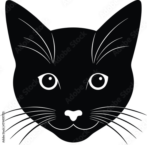 A cute black and white vector illustration of a domestic kitten's face with bright eyes, artfully designed
