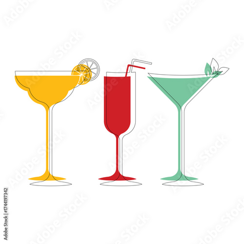 Minimalistic illustration of three champagne glasses of different shapes: yellow with a slice of orange, red with a straw and green with mint leaves