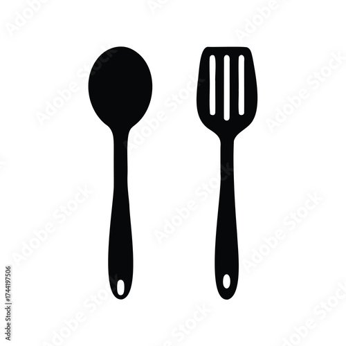 Simple black silhouettes of a ladle and slotted spatula kitchen tools