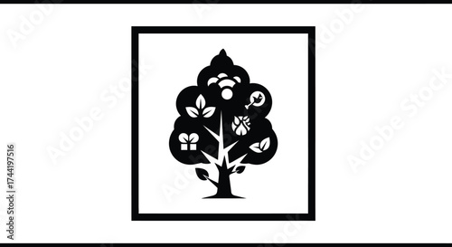 Stylized black and white icon of a tree with various symbols representing growth and gifts within its canopy
