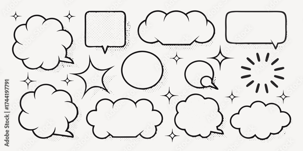 Obraz premium Vector illustration of various speech bubbles, clouds, stars, and a sunburst on a white background design