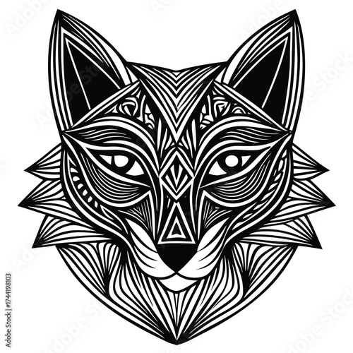 Fox curled up sleeping, full body covered in elegant circular mandala art.