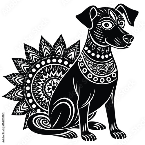 Dog sitting position decorated with complex mandala floral and circular designs.
