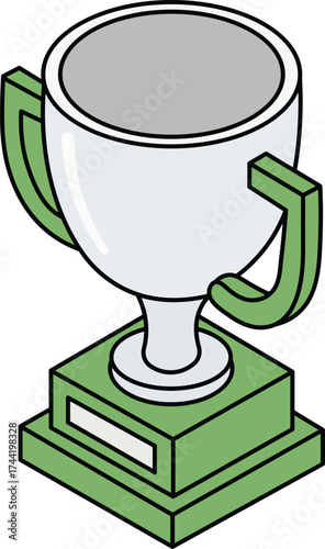 Isometric illustration of a silver trophy cup with green handles and base award prize