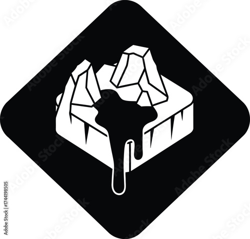 Stylized black and white icon representing a melting iceberg with dripping liquid inside a diamond shape