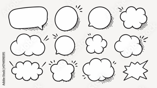 Vector illustration of various speech bubbles and cloud shapes with halftone shading and burst lines accents design