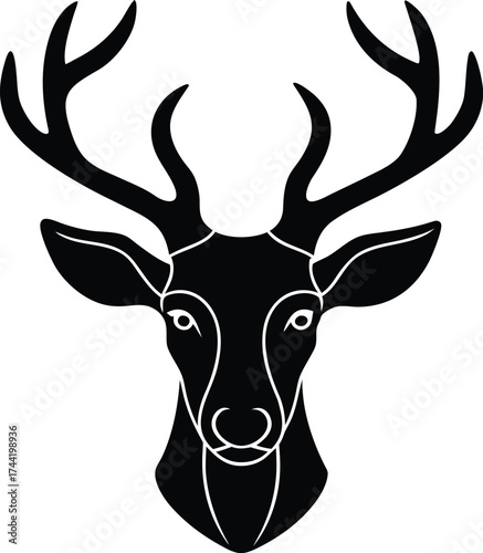 A cute cartoon deer head silhouette with antlers and a wildlife vector illustration of a mammal for Christmas design