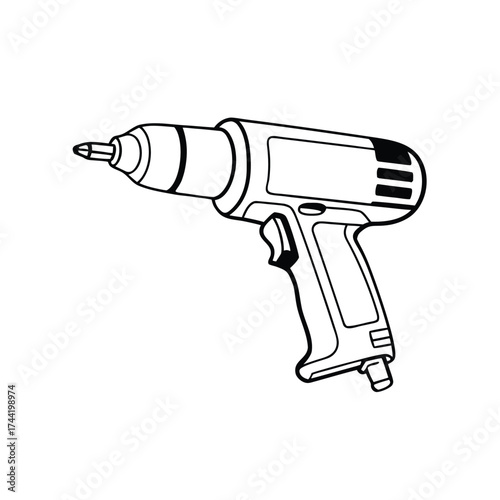 Black and white illustration of a cordless drill on a white background power tool