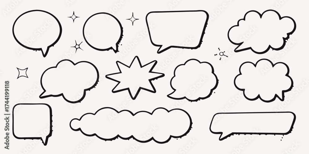 Obraz premium Vector collection of hand drawn black and white speech bubbles and stars on a bright white background design